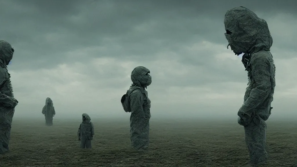 Image similar to the strange overlords watch us watch television, film still from the movie directed by Denis Villeneuve with art direction by Zdzisław Beksiński, wide lens