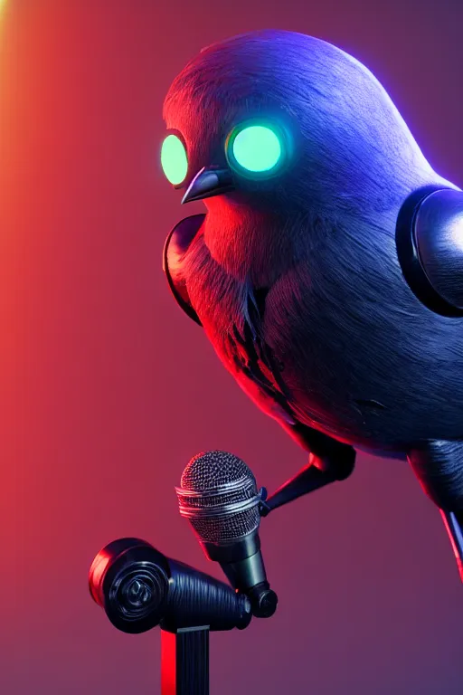 Image similar to high quality 3 d render very cute cyborg crow! sings into microphone!, cyberpunk highly detailed, unreal engine cinematic smooth, in the style of blade runner & detective pikachu, hannah yata charlie immer, moody light, low angle, uhd 8 k, sharp focus