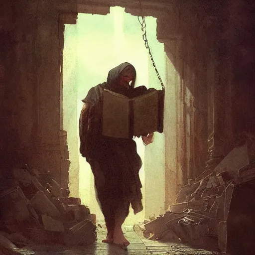 Image similar to half portait of magican wearing a closed cowl and big old book! chained to the wrist, jeremy mann, jean - leon gerome, tiepolo, alphonse mucha, greg rutkowski, face in the shadows, ( ( ruins of ancient rome ) ), at dusk, mysterious atmosphere, sunrays, dof, high detailed, 8 k