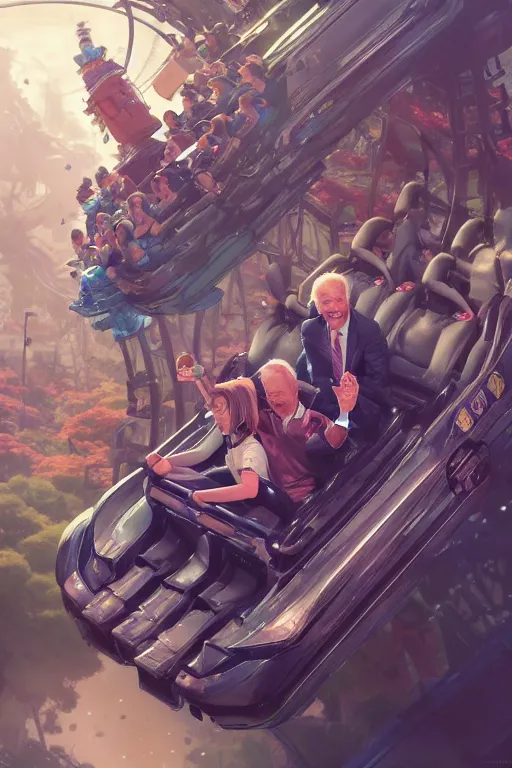 Image similar to joe biden on a roller coaster, full face, anime, fantastic details, pixiv, hyperdetailed unreal engine, stanley artgerm lau, wlop, rossdraws, james jean marc, simonetti ruan jia and mandy jurgens and artgerm and sakimichan, illustration, digital art, concept art, manga cover