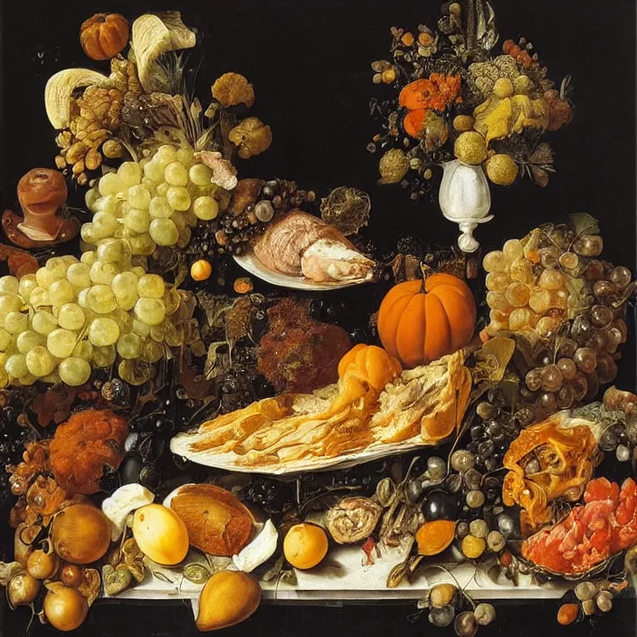 Image similar to victorian thanksgiving feast, fruit and vegetables, black background, vanitas, still life by giuseppe arcimboldo and pieter claesz, a flemish baroque by jan davidsz. de heem and jan van kessel the younger, dutch golden age, pinterest, rococo, hd, intricate high detail masterpiece