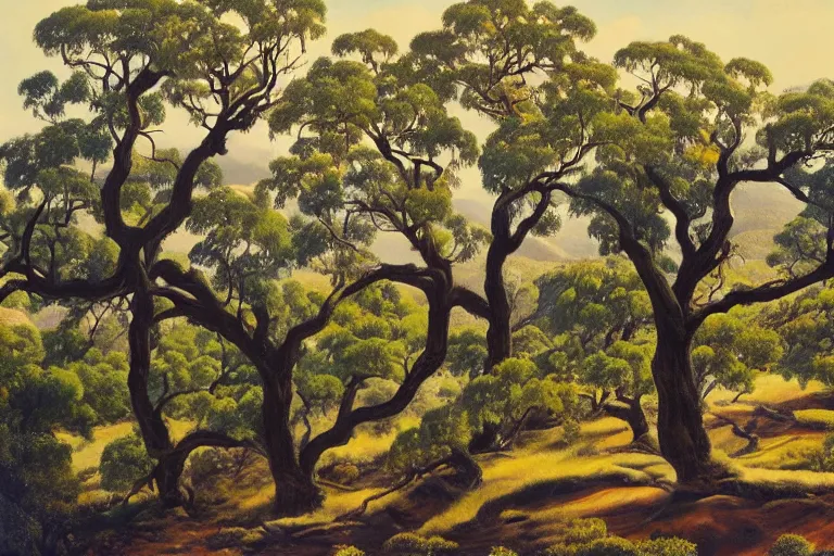 Image similar to masterpiece painting of oak trees on a hillside overlooking a creek, dramatic lighting, by albert namatjira