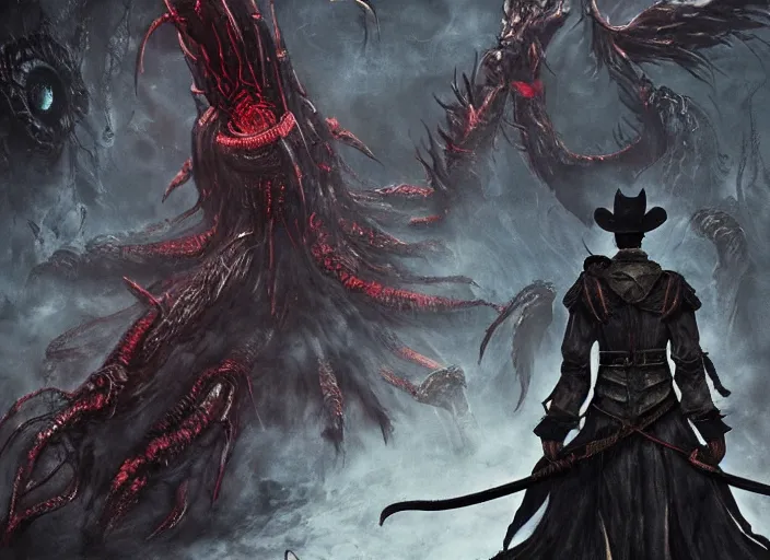 Image similar to misato katsuragi as a boss in bloodborne, dark souls boss, eldritch imagery, evil creature, epic battle, dangerous cinematic, concept art, gothic, highly detailed