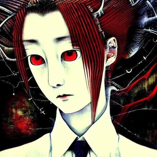 Image similar to yoshitaka amano blurred and dreamy realistic three quarter angle horror portrait of a sinister young woman with short hair, horns and red eyes wearing office suit with tie, junji ito abstract patterns in the background, satoshi kon anime, noisy film grain effect, highly detailed, renaissance oil painting, weird portrait angle, blurred lost edges