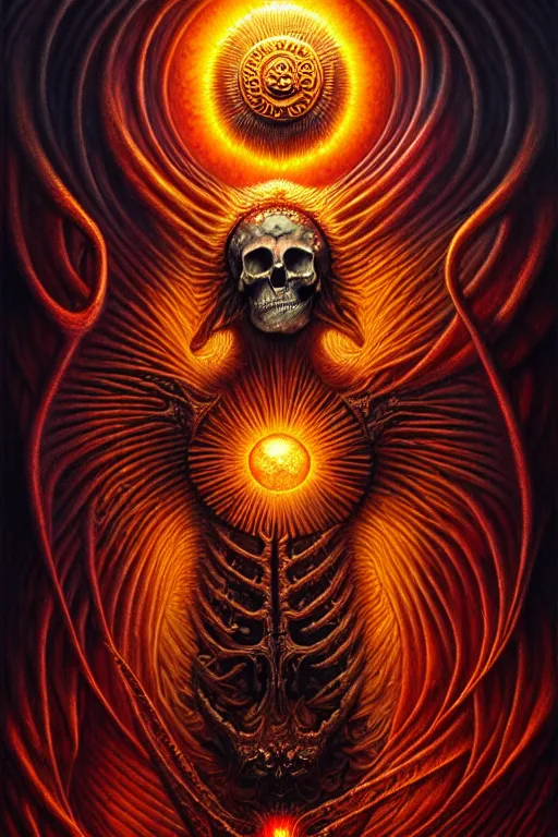 Image similar to A beautiful detailed deeath sun godness, tarot card, by tomasz alen kopera and Justin Gerard, symmetrical features, ominous, magical realism, texture, intricate, ornate, royally decorated, skull, skeleton, whirling smoke, embers, red adornements, red torn fabric, radiant colors, fantasy, trending on artstation, volumetric lighting, micro details, 3d sculpture, ray tracing, 8k, anaglyph effect