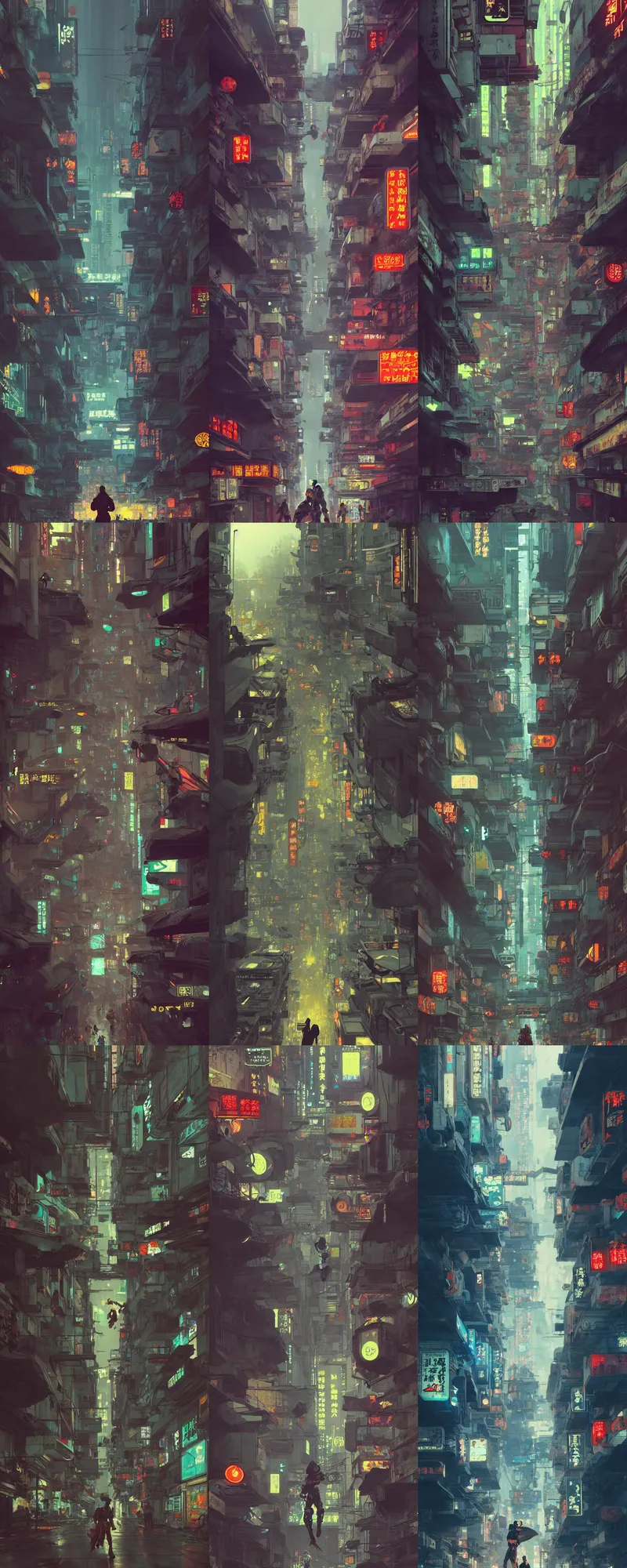Prompt: duotone olive illustration of beautiful futuristic cyberpunk kowloon street level looking up, composition accidental renaissance golden ratio, stunning action poses, cinematic, by sachin teng and sergey kolesov and ruan jia and heng z and wlop. graffiti art, scifi, fantasy, hyper detailed. octane render. concept art. trending on artstation