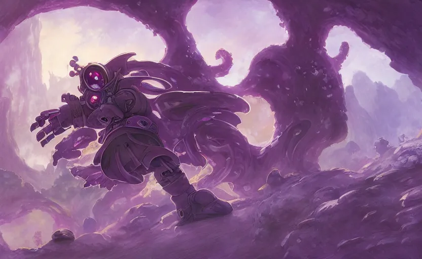 Image similar to made in abyss bondrewd in idofront underground landscape purple light drawn by justin gerard