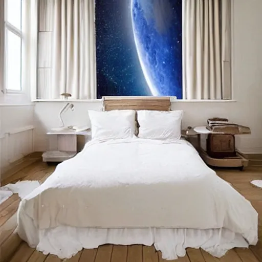 Image similar to Cozy bedroom aboard a flying ship window looks on moonlit clouds and stars, soft bed blankets wood paneling hyperrealism