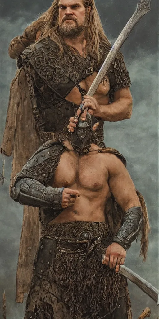 Prompt: david harbour wearing viking clothing and holding an axe by Gerald Brom
