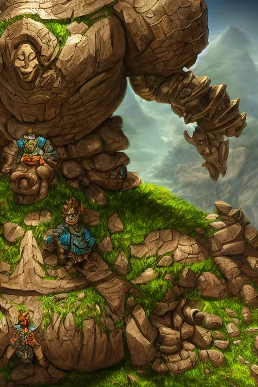 Image similar to zelda fantasy art giant golem troll wood rock greeble gemstone, global illumination ray tracing hdr fanart arstation by sung choi and eric pfeiffer and gabriel garza and casper konefal