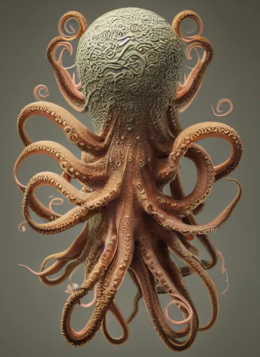 Image similar to octopus fox hybrid, rococo, intricate geometry, rainbow mycelium, basil wolverton, hr giger, studio ghibli, octane render