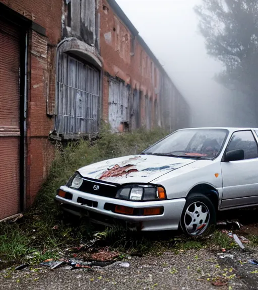 Image similar to crashed 1993 subaru impreza, abandoned in a derelict alleyway, fog, rural, damage, graffiti