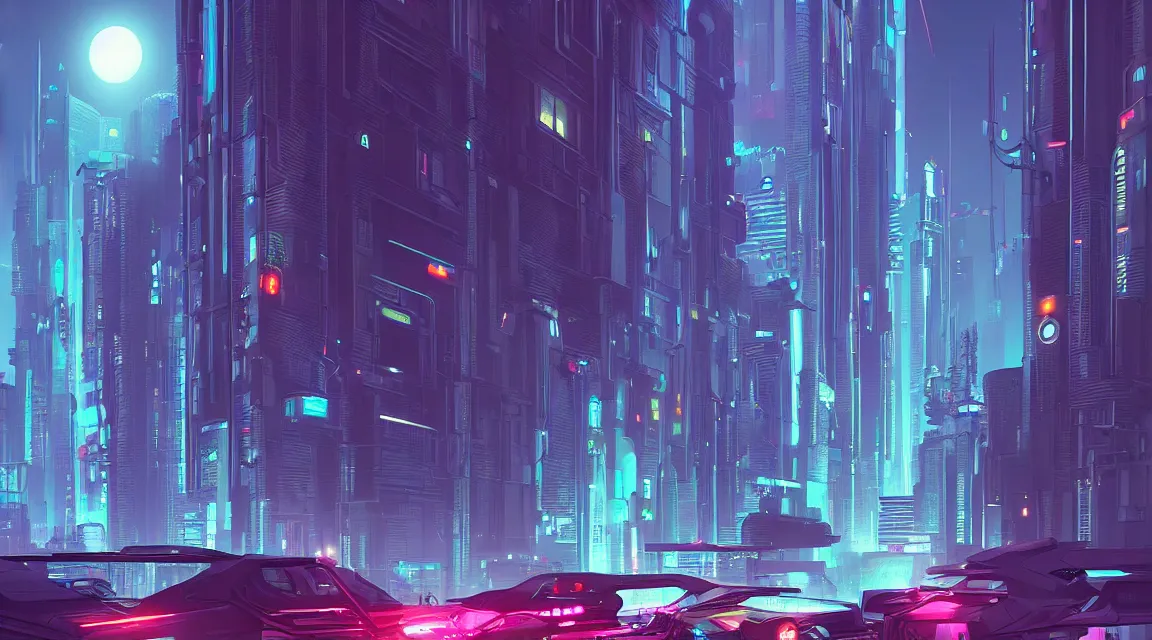 Prompt: street view of futuristic cyberpunk city at night, retro. james gilleard. cyberpunk art by stephan martiniere, cgsociety, ring towers, line art, retrofuturism, futuristic, zaha hadid, beeple