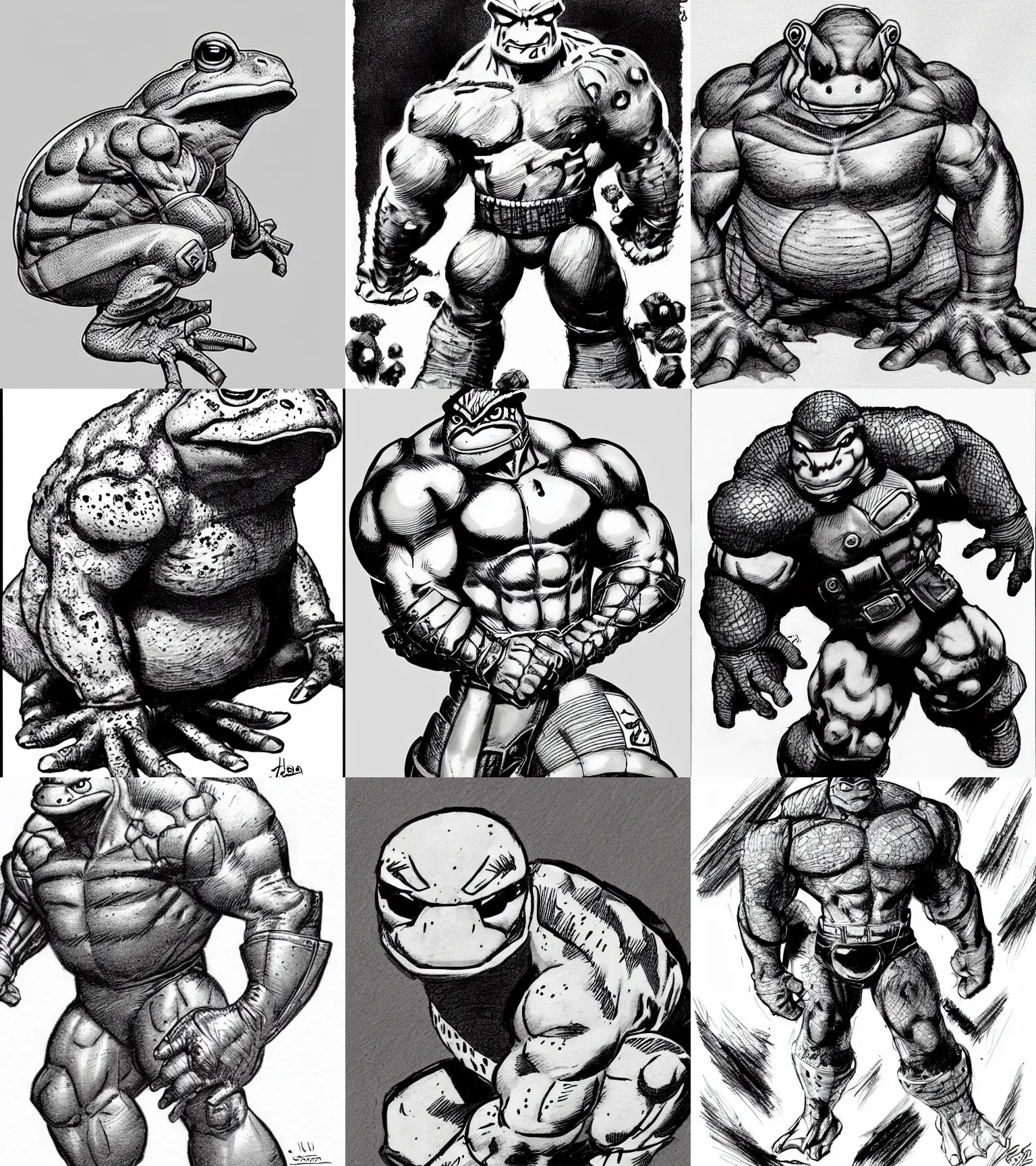 Prompt: toad animal!!! jim lee!!! sideview full shot!! flat grayscale ink sketch by jim lee close up in the style of jim lee, ( attention pose ) cyborg! rugged knight hulk toad animal superhero by jim lee