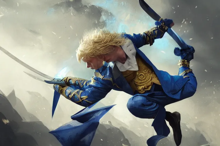 Image similar to a blond man in a blue suit swinging a sword against a fighter with a rune blade and no armor, d & d, heartstone, digital painting, volumetric light, intricate, sharp, focus, bloom, illustration, highly detailed, concept art, matte, ruan jia, randy vargas, greg rutkowski