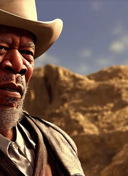 Image similar to an film still of morgan freeman as cowboy with beard, western background unreal engine. amazing likeness. very detailed.