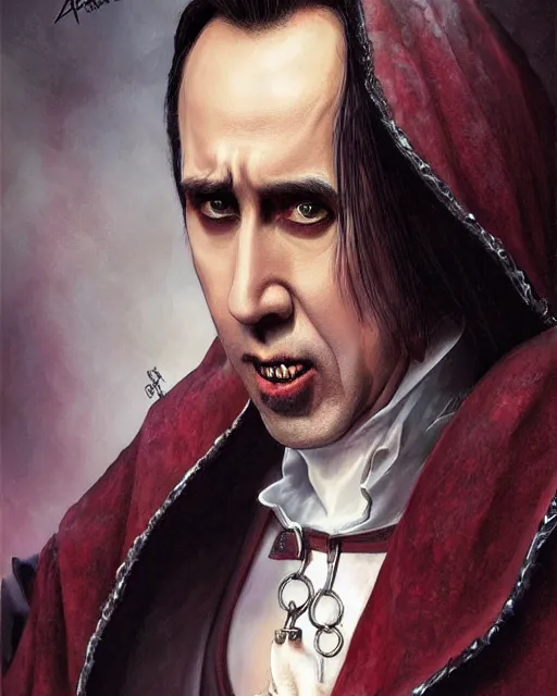 Image similar to nicolas cage as dracula vampire, highly detailed, centered, artstation, concept art, smooth, sharp focus, illustration, bokeh art by artgerm and donato giancola and joseph christian leyendecker