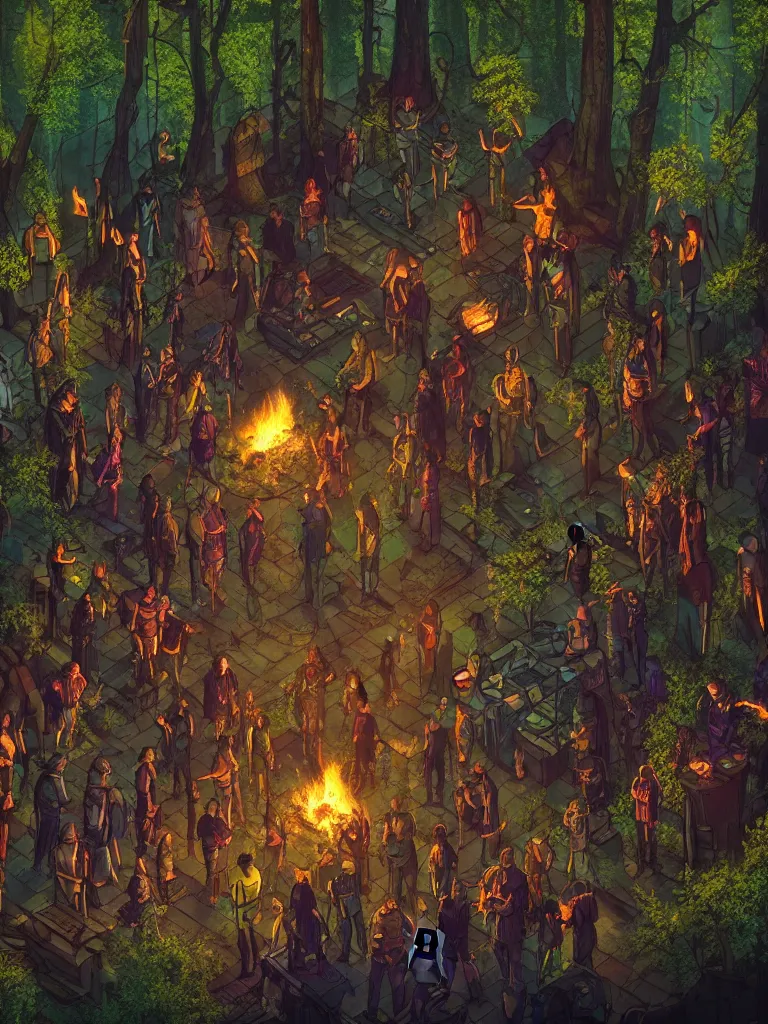 Prompt: a photo of a mystical cyberpunk tribe gathering at a magical location in the forest lit by fire