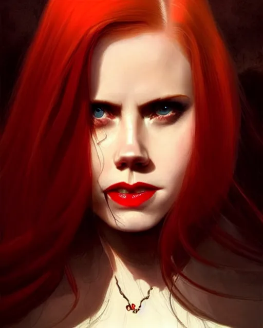 Prompt: style of marc simonetti : : gorgeous vampire amy adams : : sharp teeth fangs, open mouth sneer : : symmetrical face, symmetrical eyes : : gorgeous red hair : : magic lighting, low spacial lighting : :