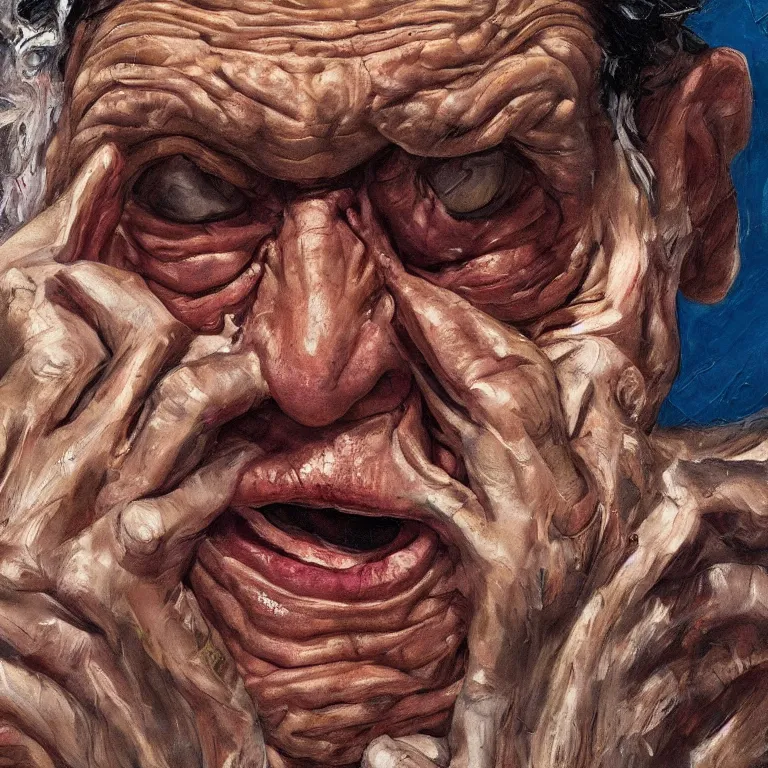 Prompt: warmly lit close up studio portrait of aging angry!! screaming! old Seinfeld age 115 wrinkled furious!, impasto oil painting thick brushstrokes by Lucian Freud and Cy Twombly and Tim Hawkinson , trending on artstation dramatic lighting Expressionism