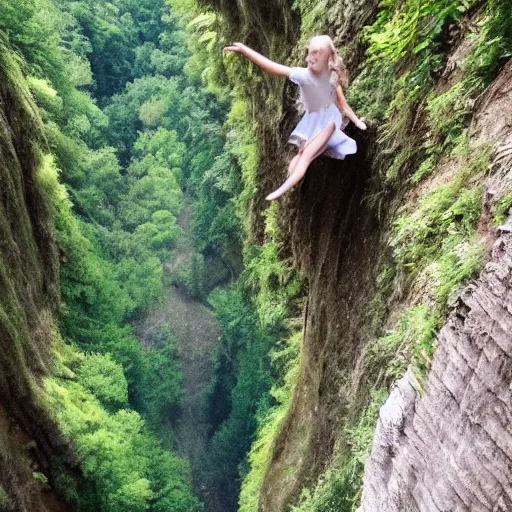 Prompt: A angelic girl flying out of a abyss ravine