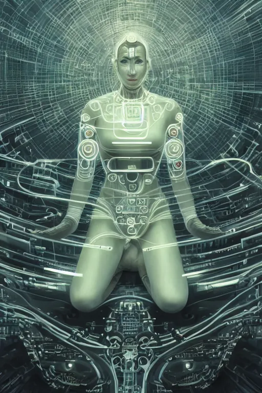 Image similar to Meditating cyborg with many cybernetic implants and wiring, sitting in a lotus pose, slightly smiling, techno-optimism, utopia, sci-fi, hyperrealist, centered, wide angle shot, shart focus, detailed, intricate, 4k UHD, creative lighting, digital painting by Greg Rutkowski, face by artgerm, digital art, trending on artstation, top post of all time on /r/transhumanism subreddit