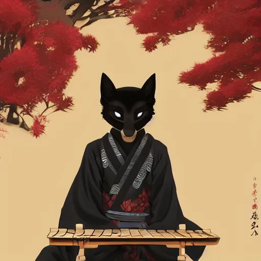 Image similar to a black kitsune boy playing koto in front of a japanese temple, highly detailed, cg style, artstation trending, pixiv trending, Z.W. Gu style, Wlop style