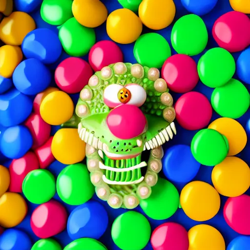 Image similar to a crocodile made entirely out of gumdrops, candyland background, cinematic lighting, product photography, 3 d render