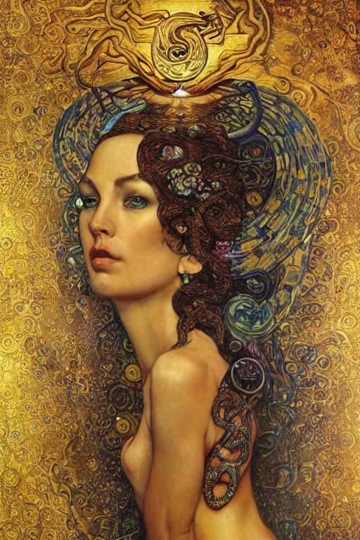 Image similar to Rebirth by Karol Bak, Jean Deville, Gustav Klimt, and Vincent Van Gogh, mysterious portrait of a sacred serpent, Surreality, radiant halo, shed iridescent snakeskin, otherworldly, fractal structures, celestial, arcane, ornate gilded medieval icon, third eye, spirals