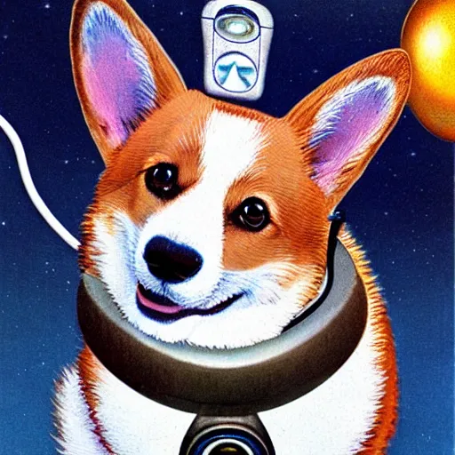 Prompt: corgi dog with a old telephone in his ear by ron walotsky