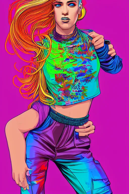 Image similar to a award winning half body portrait of a beautiful woman with stunning eyes in a printed croptop and cargo pants with rainbow colored ombre hairstyle head in motion and hair flying by josan gonzales, outrun, vaporware, shaded flat illustration, digital art, trending on artstation, highly detailed, fine detail, intricate