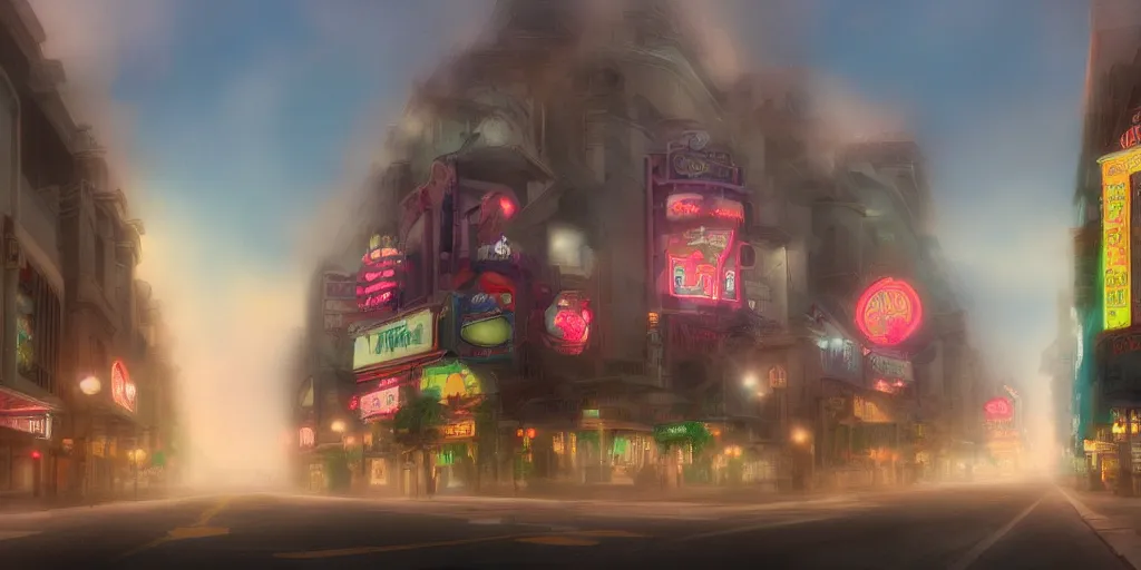 Image similar to street at las vegas, foggy rainy day, matte painting, studio ghibli, artstation