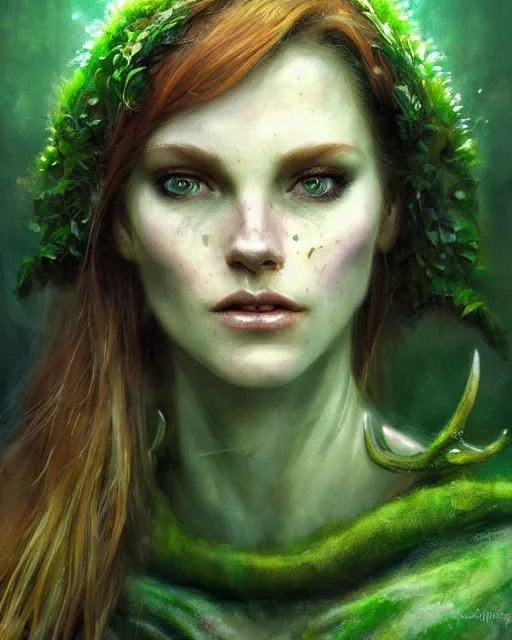 Image similar to female druid, perfect face, thin antlers, green tunic, ginger hair, cinematic, freckles, stunning, highly detailed, digital painting, artstation, smooth, hard focus, illustration, art by jessica rossier and and brian froud