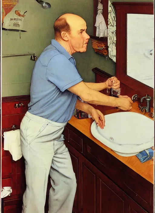 Prompt: a balding white man,, slim, wearing plumber uniform, norman rockwell painting, fixing sink