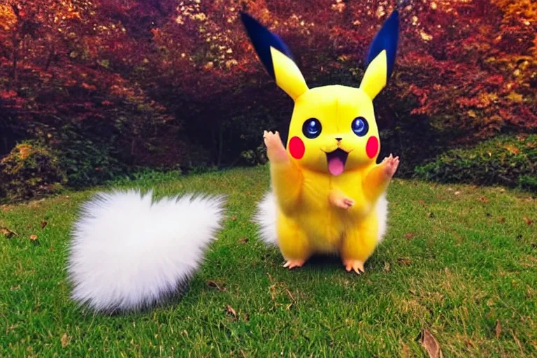 Image similar to real life pokemon, cute!!!, heroic!!!, adorable!!!, playful!!!, chubby!!! fluffly!!!, happy!!!, cheeky!!!, mischievous!!!, ultra realistic!!!, autumn, slight overcast weather, golden hour, sharp focus