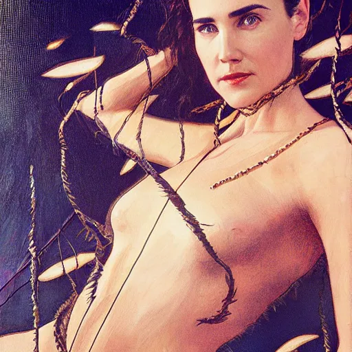 Image similar to young jennifer connelly the dark swan queen, black feathers instead of hair, feathers growing out of skin, black bodysuit, moulting, suspended in zero gravity, on spaceship with cables hanging down, highly detailed, mike mignogna, ron cobb, mucha, oil painting