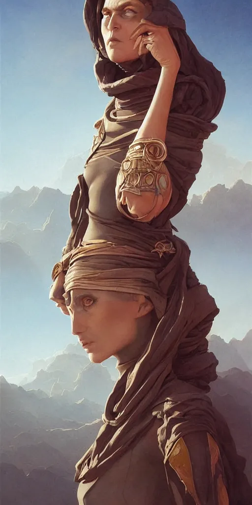 Image similar to a stunning hyperrealistic character from the movie Dune walking through an arid minimalistic desert with harsh noon sunlight with an oasis in the background, award-winning, masterpiece, in the style of Tom Bagshaw, Cedric Peyravernay, Peter Mohrbacher