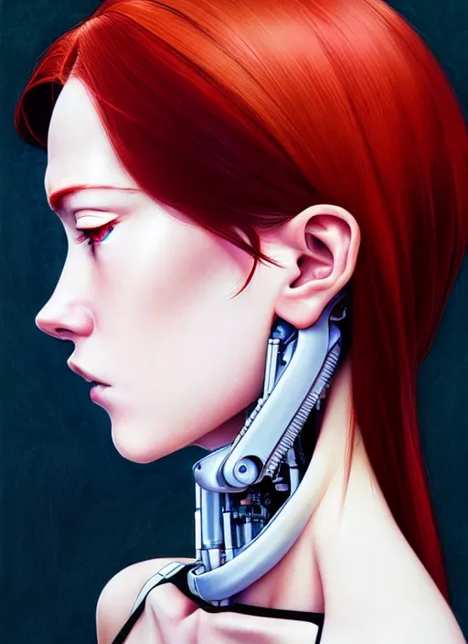 Image similar to side portrait of redhead cyborg girl with robotic parts | | head only in center of image, audrey plaza, fine detail!! anime!! realistic shaded lighting!! poster by ilya kuvshinov katsuhiro otomo ghost - in - the - shell, magali villeneuve, artgerm, jeremy lipkin and michael garmash and rob rey