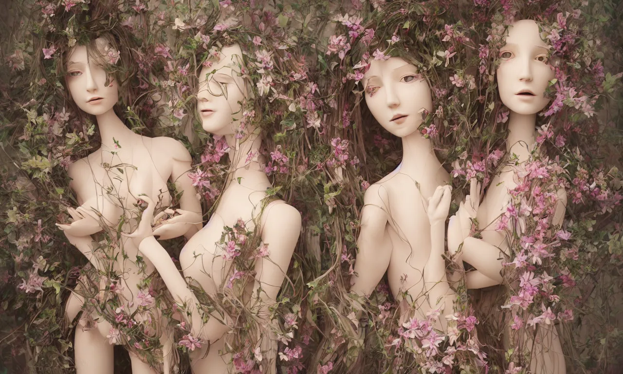 Image similar to a portrait of a beautiful female mannequin, a jointed wooden art doll with long flowing hair, holding each other, big lilies, big moths, lily flowers, by Beeple, by WLOP