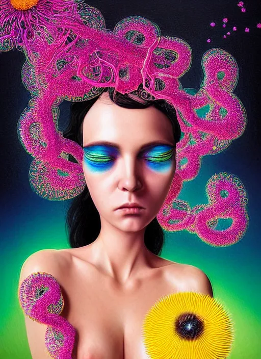 Image similar to hyper detailed 3d render like a Oil painting - Ramona Flowers with wavy black hair wearing thick mascara seen out Eating of the Strangling network of colorful yellowcake and aerochrome and milky Fruit and Her staring intensely delicate Hands hold of gossamer polyp blossoms bring iridescent fungal flowers whose spores black the foolish stars by Jacek Yerka, Mariusz Lewandowski, silly playful fun face, Houdini algorithmic generative render, Abstract brush strokes, Masterpiece, Edward Hopper and James Gilleard, Zdzislaw Beksinski, Mark Ryden, Wolfgang Lettl, Dan Hiller, hints of Yayoi Kasuma, octane render, 8k