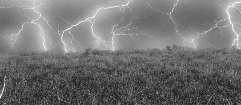 Image similar to 1 3 mm film photograph of a mutated bubbling gurgling being in a field, liminal, dark, thunderstorm lightning, dark, flash on, blurry, grainy, unsettling