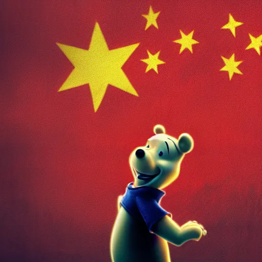 Image similar to hyperrealistic, hdr, 4 k, 8 k, photograph, cinematic lighting, moody overtones, drawing of winnie the pooh in china, with a chinese flag behind him