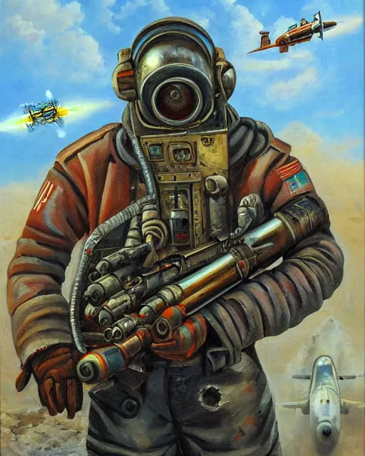 Image similar to portrait of a sukhoi mech armed with rockets and a minigun, oil painting, soviet airplane, tribal yurta, postapocalyptic