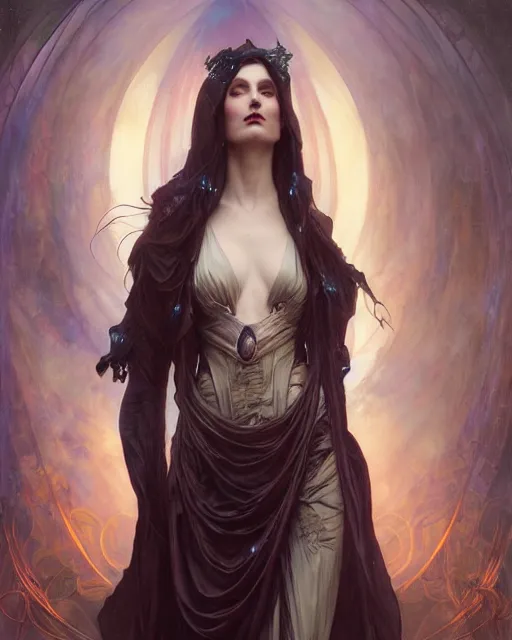 Prompt: daniel gerhartz, wlop, tom bagshaw, alfons mucha, detailed portrait digital painting of a beautiful serious villainess wearing fantasy clothing like liliana vess, villainess has black angel wings, evil mood, hellish battlefield in the background, embers flying, unreal engine, hyper realism, realistic shading, cinematic composition, blender render, ultrawide shot