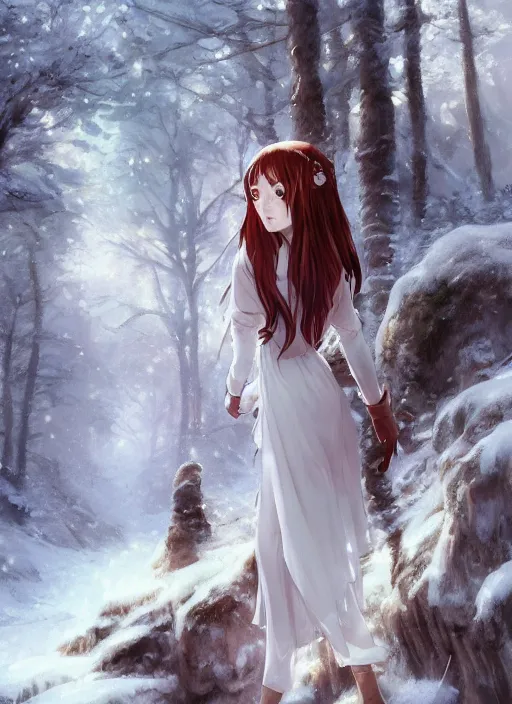 Prompt: an elven girl standing in a snowy forest, flowing white dress, auburn hair. By Makoto Shinkai, Stanley Artgerm Lau, WLOP, Rossdraws, James Jean, Andrei Riabovitchev, Marc Simonetti, krenz cushart, Sakimichan, trending on ArtStation, digital art.