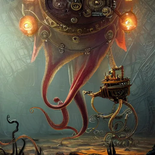 Prompt: fantasy steampunk giant Squid with tentacles frantically playing a huge drum set in the spotlight undersea dystopian photorealistic, by Philipp A. Urlich and Pengzhen Zhang and Andreas Rocha, fantasy, intricate, elegant, highly detailed, digital painting, artstation, blender, unreal engine 5, octane render, smooth, sharp focus, illustration
