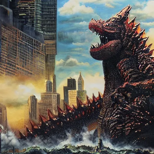 Image similar to a hyper-realistic studio oil-painting of a giant Godzilla destroying new-york; hyper-detailed; an extraordinary masterpiece!!!; flawless; trending on artstation