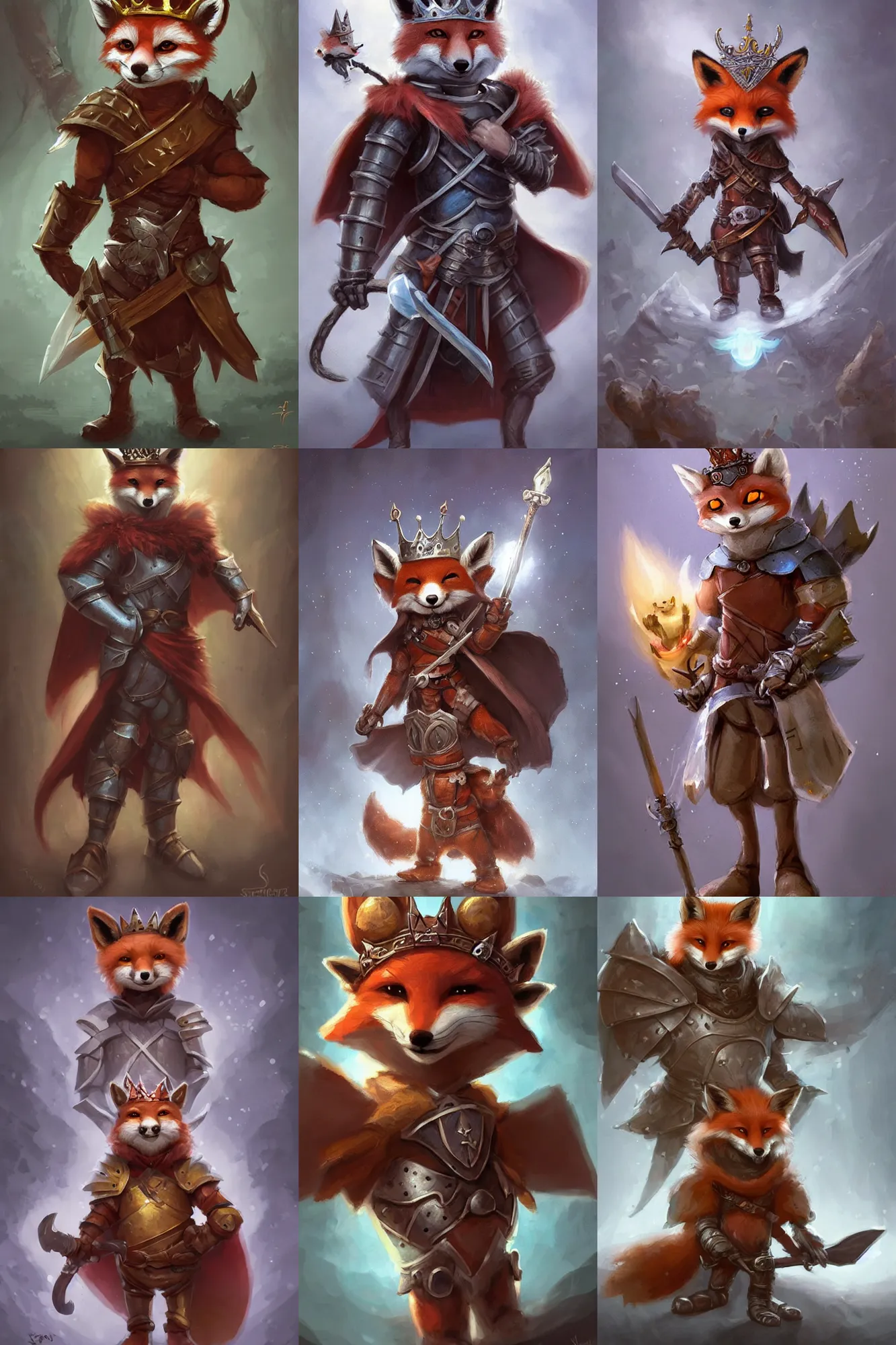 Image similar to cute little anthropomorphic foxy knight wearing a cape and a crown, tiny, small, miniature fox, baby animal, short, pale blue armor, cute and adorable, pretty, beautiful, DnD character art portrait, matte fantasy painting, DeviantArt Artstation, by Jason Felix by Steve Argyle by Tyler Jacobson by Peter Mohrbacher, cinematic lighting