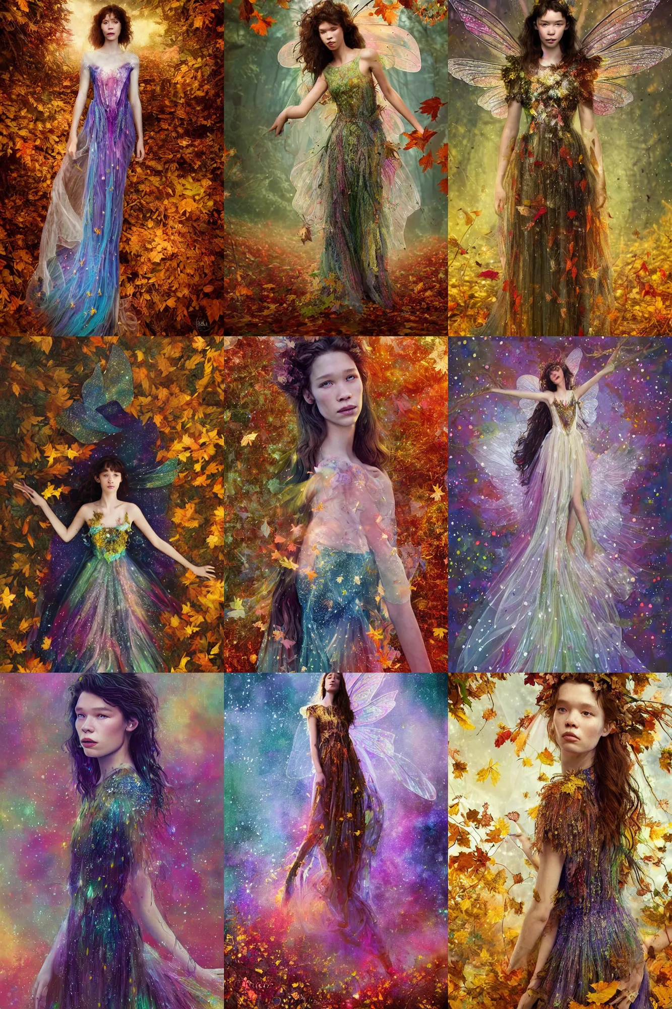 Prompt: masterwork full body portrait of astrid berges frisbey as a fairy. digital illustration. wearing a dress made out of stars. resting on a background of autumn leaves. fluid, dreamy, ethereal, vivid colours. sharp focus. highly detailed face. wow! cinematic lighting. trending on artstation. cgsociety.