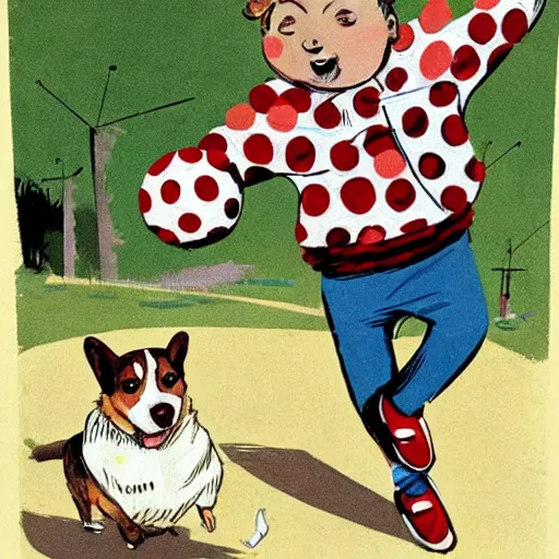 Image similar to book illustration of a french boy on the streets of paris playing football against a corgi, the dog is wearing a polka dot scarf, 1 9 6 6